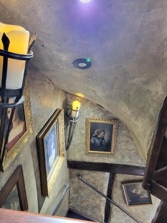 An overhead view of a room with a painted ceiling at Hocus Pocus Tiny Hotel, York